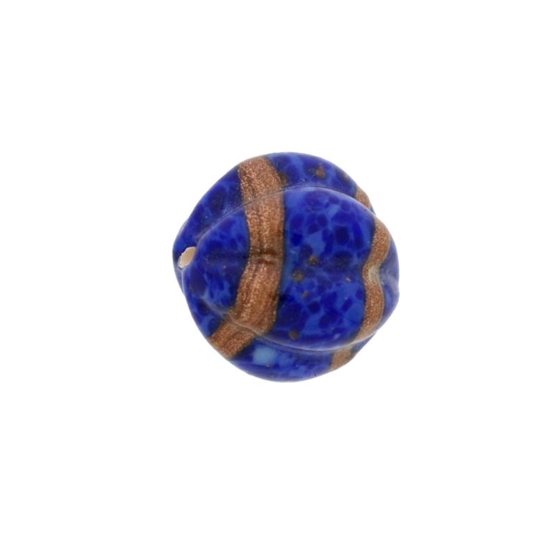 Cuenta de vidrio Ø16mm con bandas doradas decorativas. Color lapislázuli. Con agujero pasado.