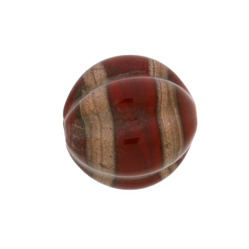 Glass bead Ø20mm ruby colour with decorative band gold tone. With two holes.